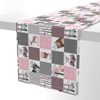 3" BLOCKS- Woodland Critters Patchwork Quilt ROTATED - Bear Moose Fox Raccoon Wolf, Grey & Pink Design GingerLous