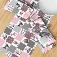 3" BLOCKS- Woodland Critters Patchwork Quilt ROTATED - Bear Moose Fox Raccoon Wolf, Grey & Pink Design GingerLous