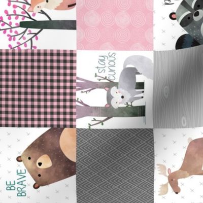 3" BLOCKS- Woodland Critters Patchwork Quilt ROTATED - Bear Moose Fox Raccoon Wolf, Grey & Pink Design GingerLous