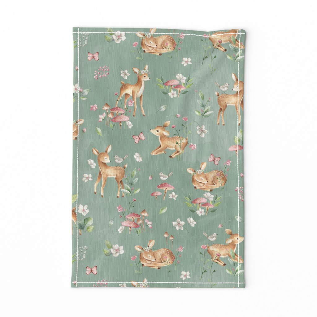 Large- Baby Deer with flowers - green / Woodland Deer / Forest Animals/ Nursery Fabric