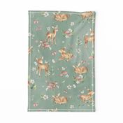 Large- Baby Deer with flowers - green / Woodland Deer / Forest Animals/ Nursery Fabric