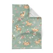 Large- Baby Deer with flowers - green / Woodland Deer / Forest Animals/ Nursery Fabric