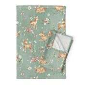 Large- Baby Deer with flowers - green / Woodland Deer / Forest Animals/ Nursery Fabric