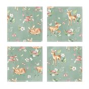 Large- Baby Deer with flowers - green / Woodland Deer / Forest Animals/ Nursery Fabric