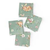 Large- Baby Deer with flowers - green / Woodland Deer / Forest Animals/ Nursery Fabric