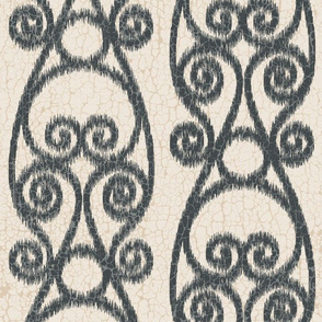 Ikat Crackled Scrolled Cream Black Ink