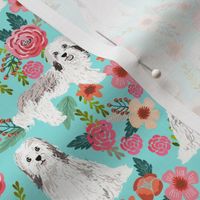 havanese floral fabric dogs and flowers design - aqua