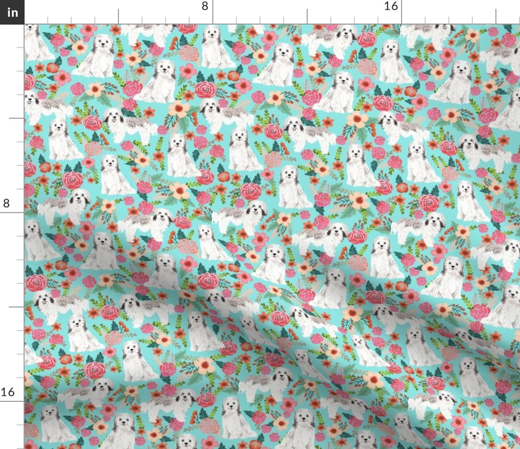 havanese floral fabric dogs and flowers design - aqua