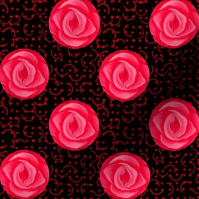 Dark Pink Rose Polka Dots on Black