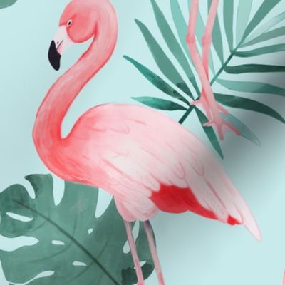 Watercolor Mint Flamingos - BIG