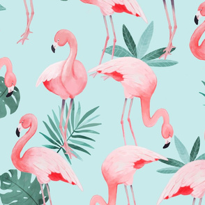 Watercolor Mint Flamingos - BIG