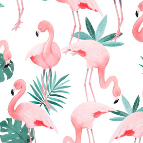 Watercolor White Flamingos - BIG