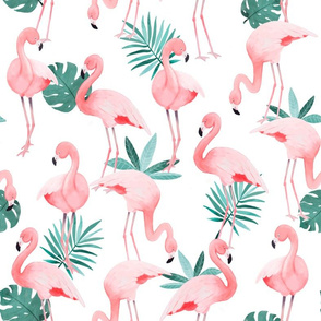 Watercolor White Flamingos