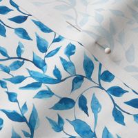 blue watercolor leaves on white, summer design.