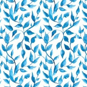 blue watercolor leaves on white, summer design.