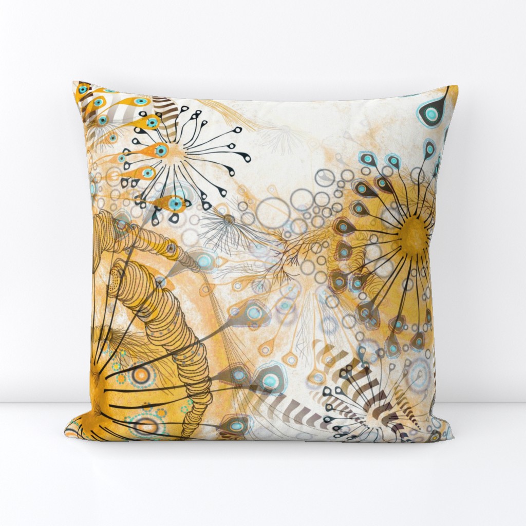 Art Nouveau style watercolor in yellow mustard with aqua turquoise blue Ethereal