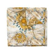 Art Nouveau style watercolor in yellow mustard with aqua turquoise blue Ethereal