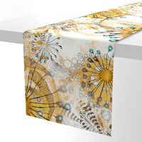 Art Nouveau style watercolor in yellow mustard with aqua turquoise blue Ethereal