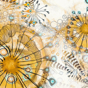 Art Nouveau style watercolor in yellow mustard with aqua turquoise blue Ethereal