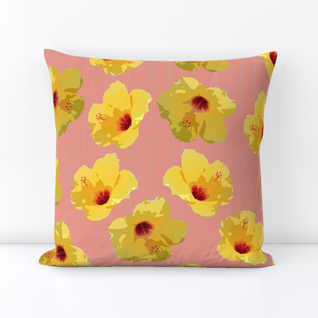 large yellow hibiscus on peach crosshatch