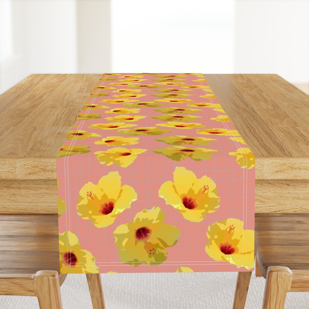 large yellow hibiscus on peach crosshatch