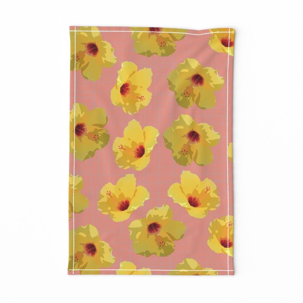 large yellow hibiscus on peach crosshatch