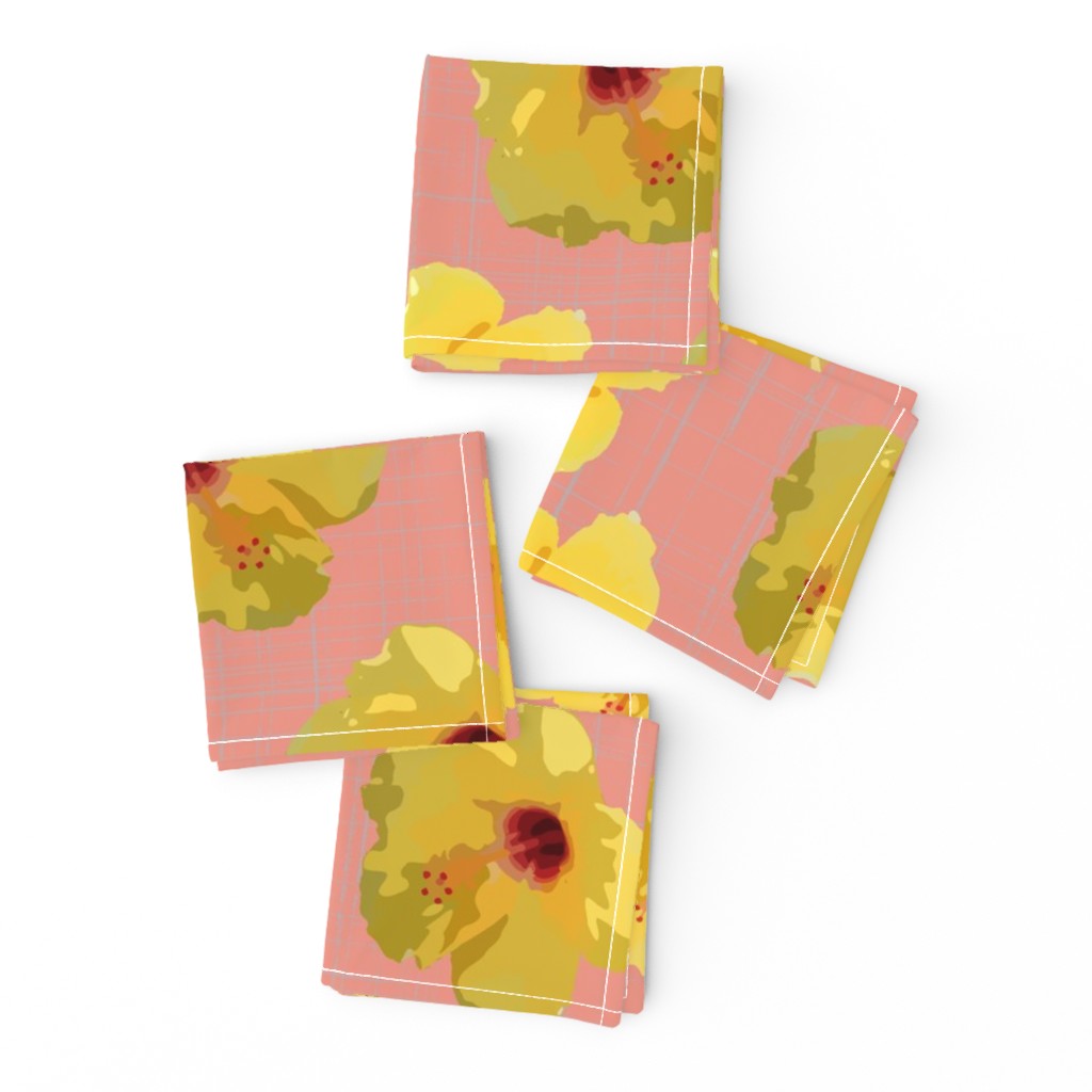 large yellow hibiscus on peach crosshatch