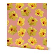 large yellow hibiscus on peach crosshatch