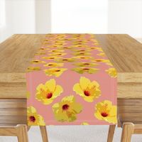 large yellow hibiscus on peach crosshatch