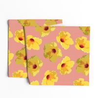 large yellow hibiscus on peach crosshatch