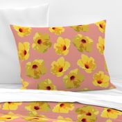 large yellow hibiscus on peach crosshatch