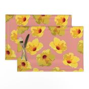 large yellow hibiscus on peach crosshatch