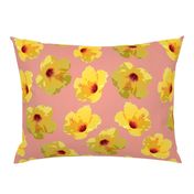 large yellow hibiscus on peach crosshatch