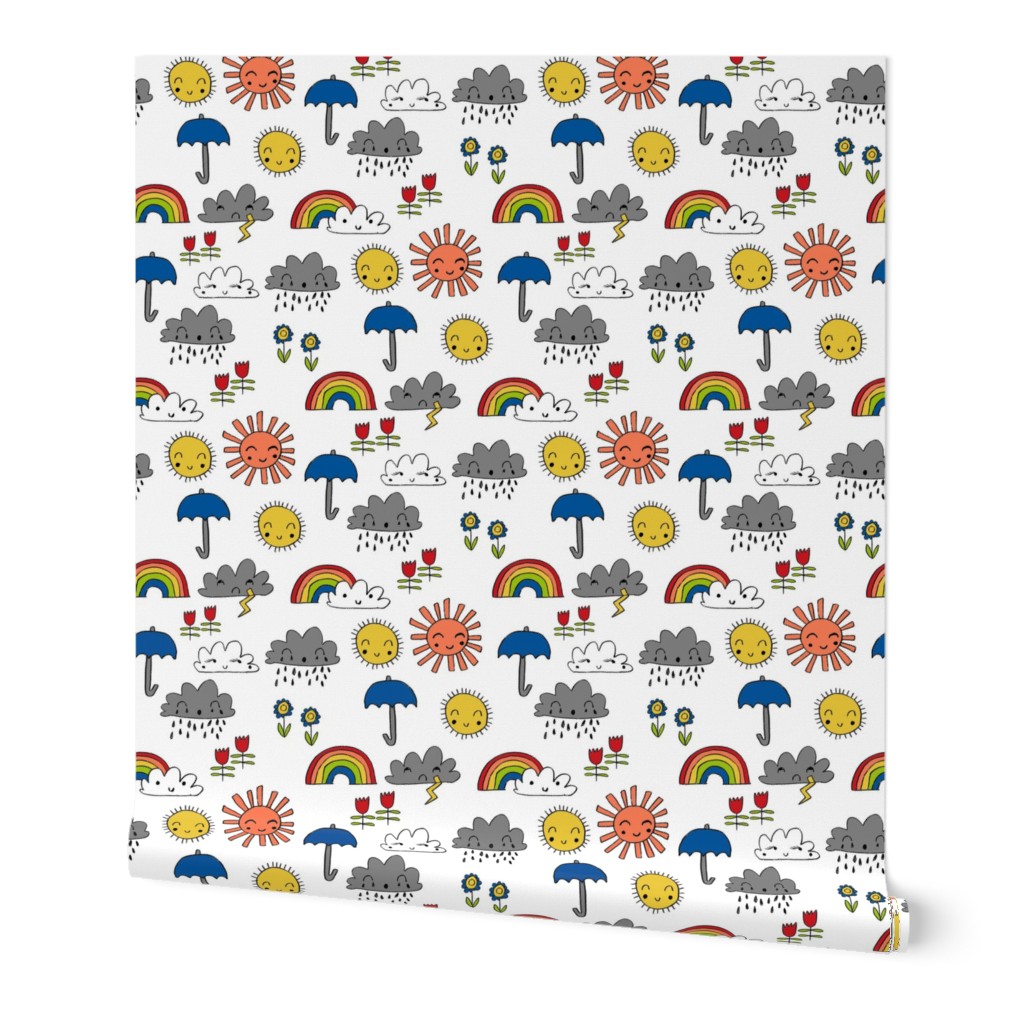 weather // rainbow clouds sunshine happy nursery kids fabric white blue