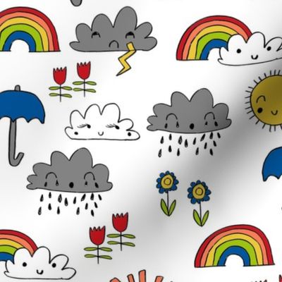 weather // rainbow clouds sunshine happy nursery kids fabric white blue