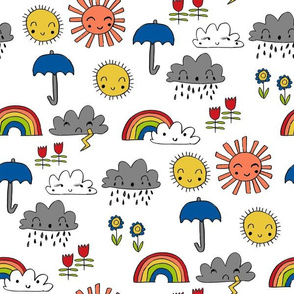 weather // rainbow clouds sunshine happy nursery kids fabric white blue