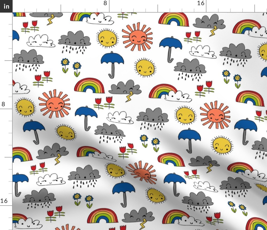 weather // rainbow clouds sunshine happy nursery kids fabric white blue