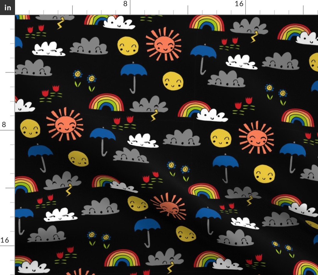 weather // rainbow clouds sunshine happy nursery kids fabric black