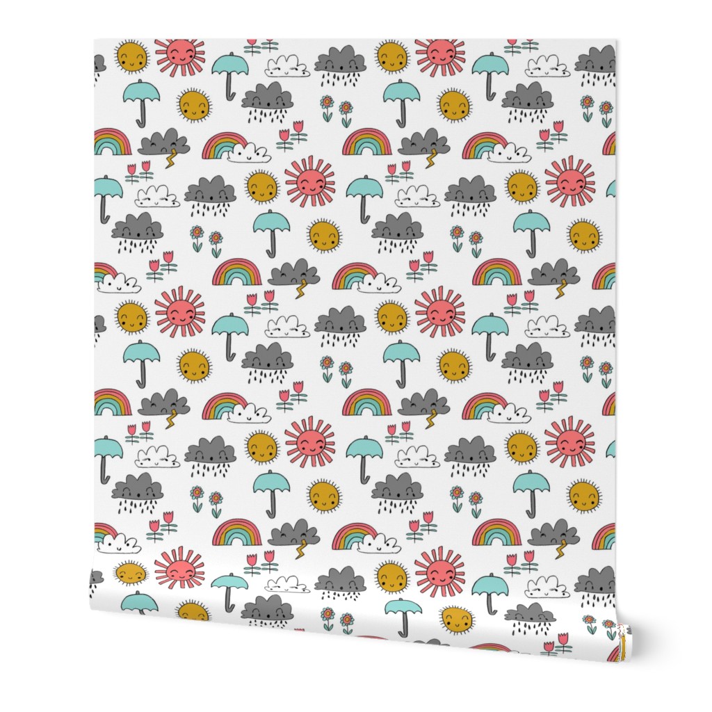 weather // rainbow clouds sunshine happy nursery kids fabric white multi