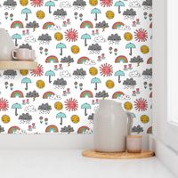 weather // rainbow clouds sunshine happy nursery kids fabric white multi