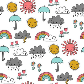 weather // rainbow clouds sunshine happy nursery kids fabric white multi