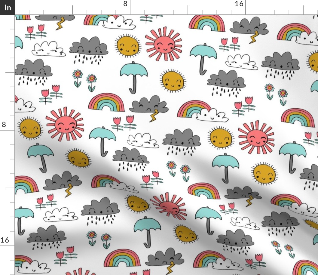 weather // rainbow clouds sunshine happy nursery kids fabric white multi