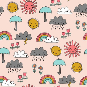 weather // rainbow clouds sunshine happy nursery kids fabric blush