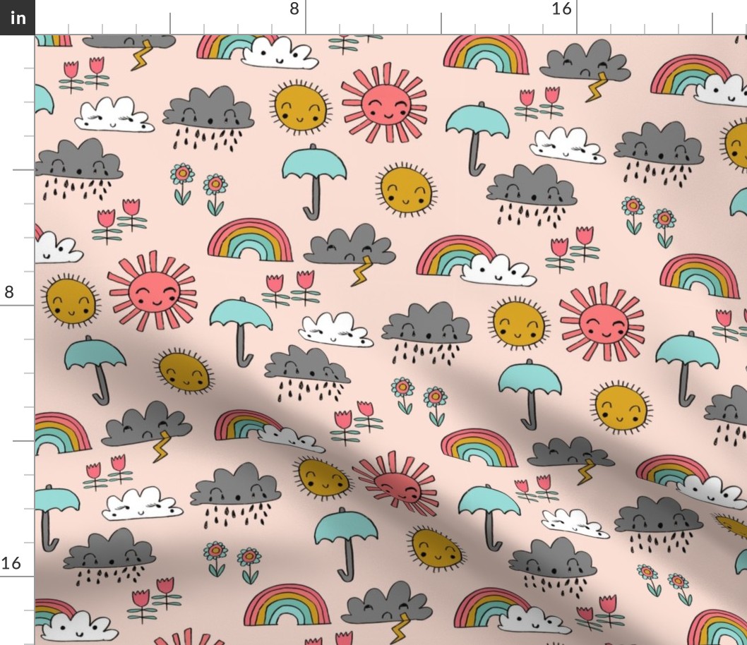 weather // rainbow clouds sunshine happy nursery kids fabric blush