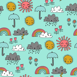 weather // rainbow clouds sunshine happy nursery kids fabric mint