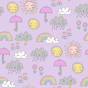 weather // rainbow clouds sunshine happy nursery kids fabric purple