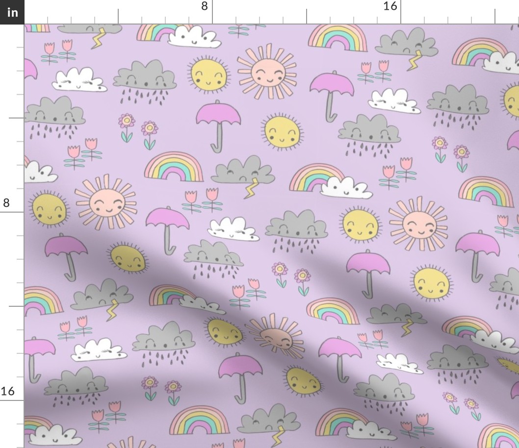 weather // rainbow clouds sunshine happy nursery kids fabric purple