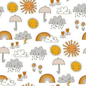 weather // rainbow clouds sunshine happy nursery kids fabric white orange