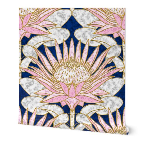 Blush King Protea Art Deco (midnight) Wallpaper | Spoonflower