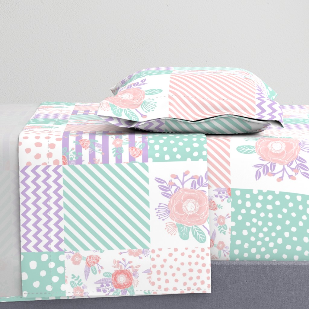 floral cheater quilt lavender and mint cheater floral design baby girl nursery fabric - 8" square